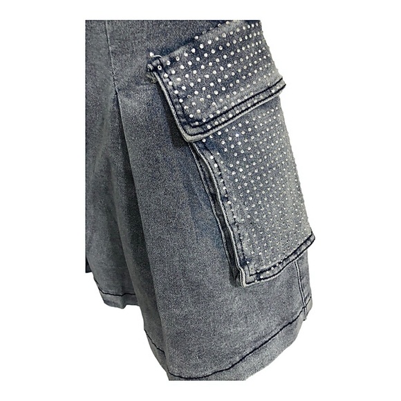 A-line crystal embellished rhinestone utility cargo style mini denim jeans skirt - Picture 6 of 15